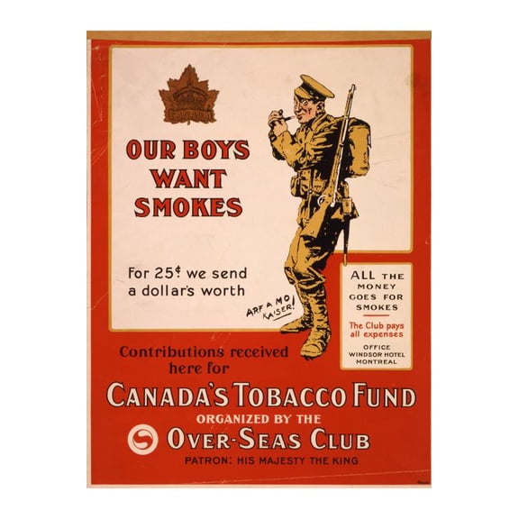 8x12 Photo-World War I,WWI,Our Boys want Smokes,Canadian Soldiers,Over Seas Club,1915