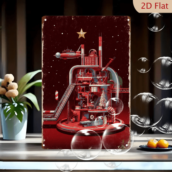 8x12 Retro Futuristic Toy Factory Wall Art, Vintage North Pole Workshop with Red Star and Rocket Ship, Whimsical Holiday Metal Tin Sign for Home Decor