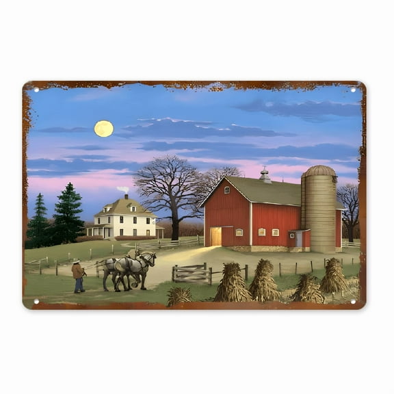 8x12_ Rustic Vintage Country Scenery Metal Tin Sign - Farmhouse Wall Art with Red Barn, Horse-Drawn Carriage & Pastoral Landscape - Perfect for Home, Bar, Cafe, Restaurant & Garage Decor - Ideal Chri