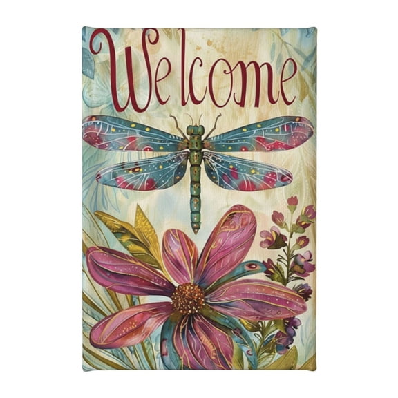 8x12 inch Canvas Frameless Painting 'Welcome' Slogan Dragonflies & Flowers,Rustic Villa Garden Yard Fence Door Wall Art Decoration Poster,Exquisite Dragonflies & Flowers Modern Style Painting
