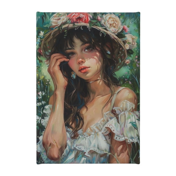 8x12 inch Canvas Frameless Picture Charm Flower Hat Woman,Indoor Bedroom,Kitchen,Woman Cave,Study Wall Art Decor Painting Poster,Exquisite Flower Hat Woman Retro Canvas Prints,Garden Decor