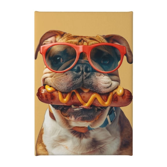 8x12 inch Canvas Hanging Picture Dog That Eats Hot Dogs,Funny Fast Food Restaurants Decor Accessory,Indoor Home Kitchen,Cafes,Yard Decor Wall Art Prints,Modern Style Dog & Hot Dog Paintings