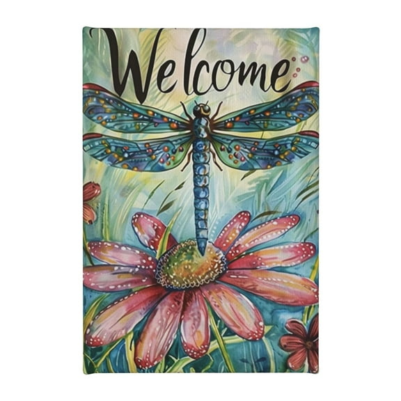 8x12 inch Canvas Painting 'Welcome' Slogan Dragonflies & Flowers,Outdoor Yard Garden Decor Canvas Poster,Indoor Home Living Room,Bedroom,Studio Wall Decor Prints,Gifts For Dragonflies Lover