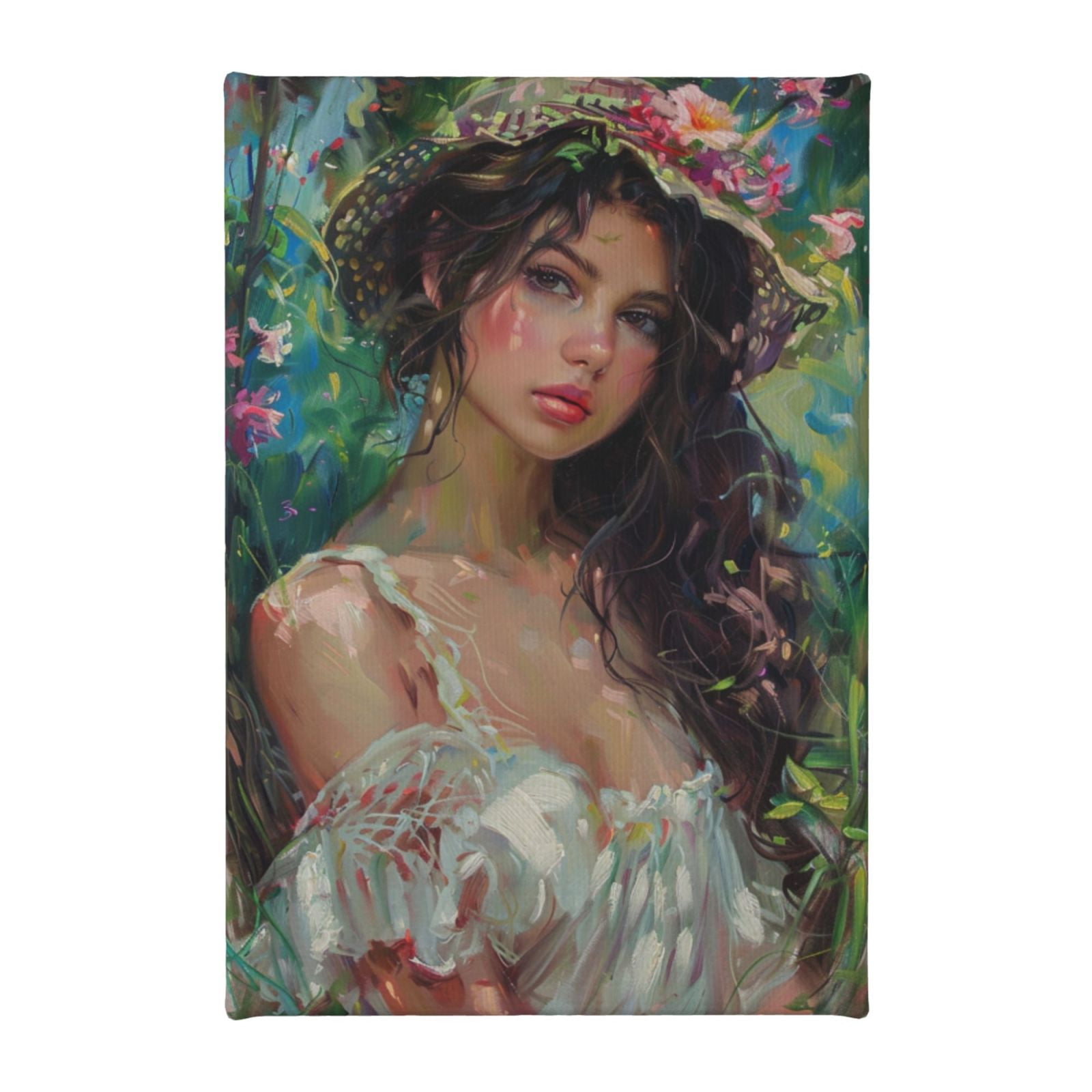 8x12 inch Canvas Picture Flower Hat Woman,Home Bedroom,Garden,Lounge Wall Art Decor Poster Canvas,Vintage Flower Hat Woman Art Painting Prints,Gift For Lovers,Bedroom,Woman & Man Cave,Garden
