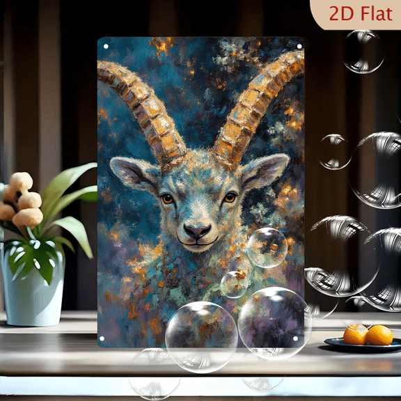 8x12 inch Metal Wall Art, Painterly Portrait of Blue Grey Goat with Curved Horns, Abstract Colorful Background with Gold Specks, Cool Tones Oil Texture, Modern Farmhouse Decor