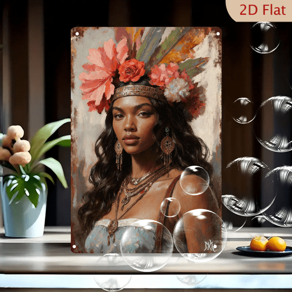 8x12 inch Metal Wall Art, Painterly Portrait of Woman with Dark Skin and Wavy Black Hair, Adorned in Floral Headdress and Gold Jewelry, Abstract Earth Tone Background, NKE Signature, Decorative Home