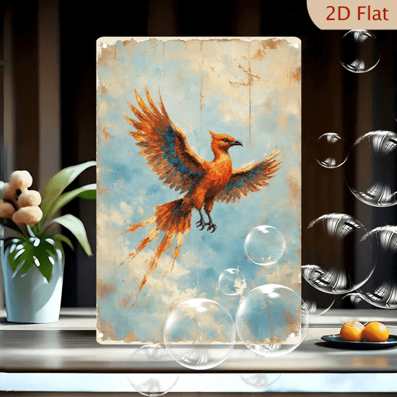 8x12 inch Metal Wall Art Phoenix Painting, Vibrant Mythical Bird with Fire and Rebirth Theme, Orange Red Gold Blue Teal Feathers on Weathered Canvas Background, Antique Distressed Decor for Home