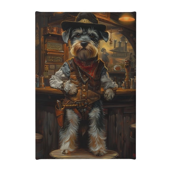 8x12 inch Oil Painting&nbsp;Wall Art Schnauzer Cowboy In The Tavern,Family Kitchen,Bathroom,Lounge,Tavern Wall Art Decor Poster Canvas,Gift For Cowboy & Schnauzer Lover,Modern Style Tavern Decor