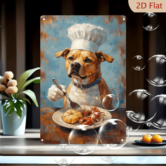 8x12 inch Rustic Impressionist Tin Wall Art, Anthropomorphic Pit Bull Chef in Toque Holding Fork Over Crawfish and Cornbread Muffin, Warm Blue Brown Orange Abstract Background Decor for Kitchen