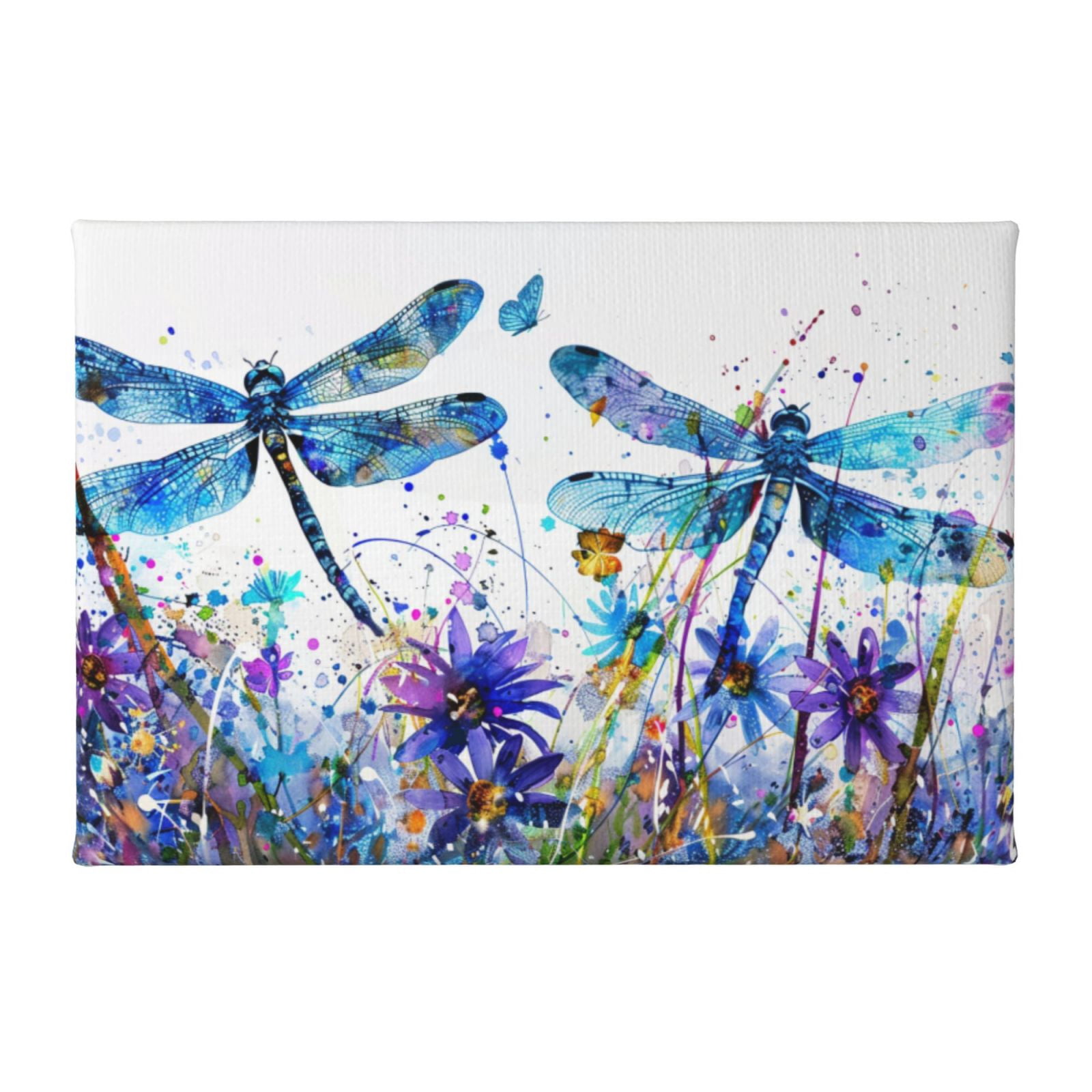 8x12 inch Yard Decor Colorful Dragonflies & Flowers Painting Canvas Poster,Rustic Villa Garden Yard Wall Art Decor Paintings,Insect Club,Cafes,Bar,Campus Decor,For Dragonflies Lovers Gifts