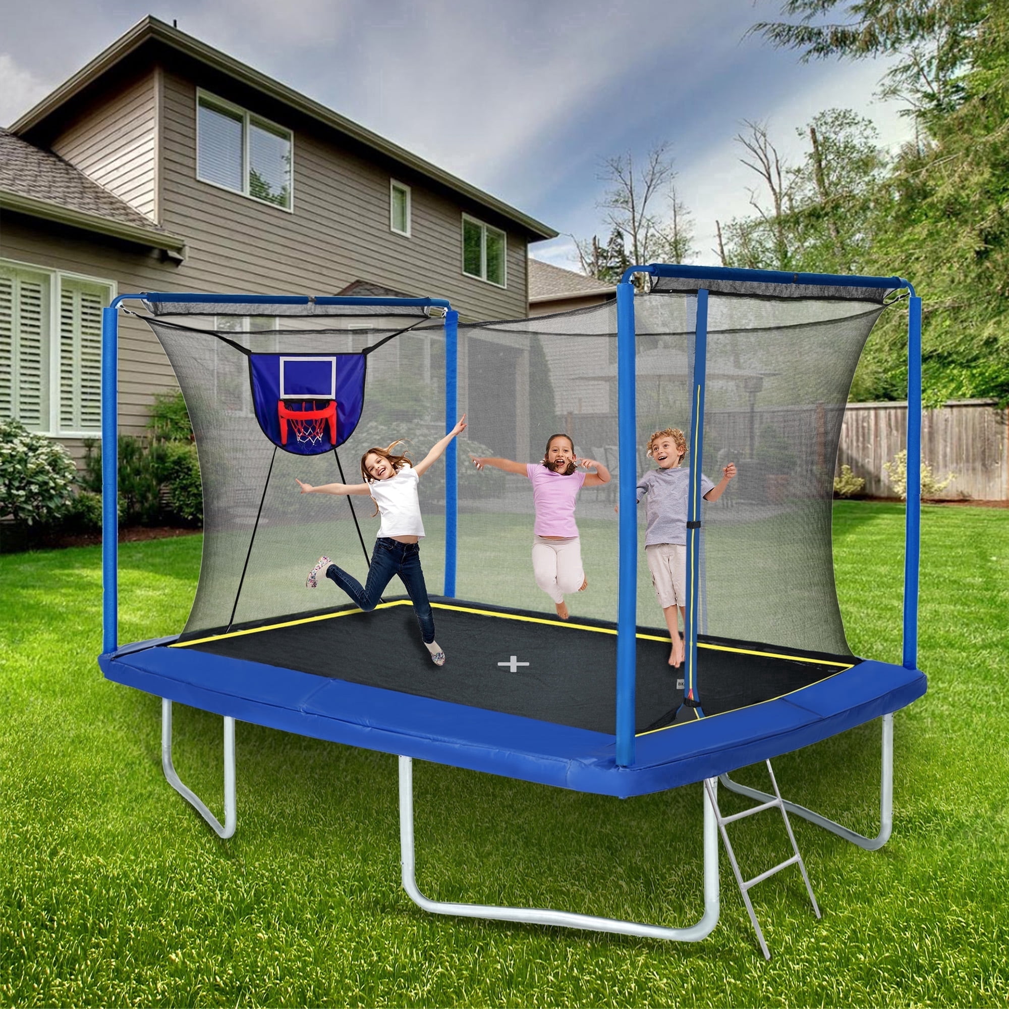 8x12FT Rectangular Trampoline for Kids Adults with Basketball Hoop and Ladder, ASTM-Certified, Blue