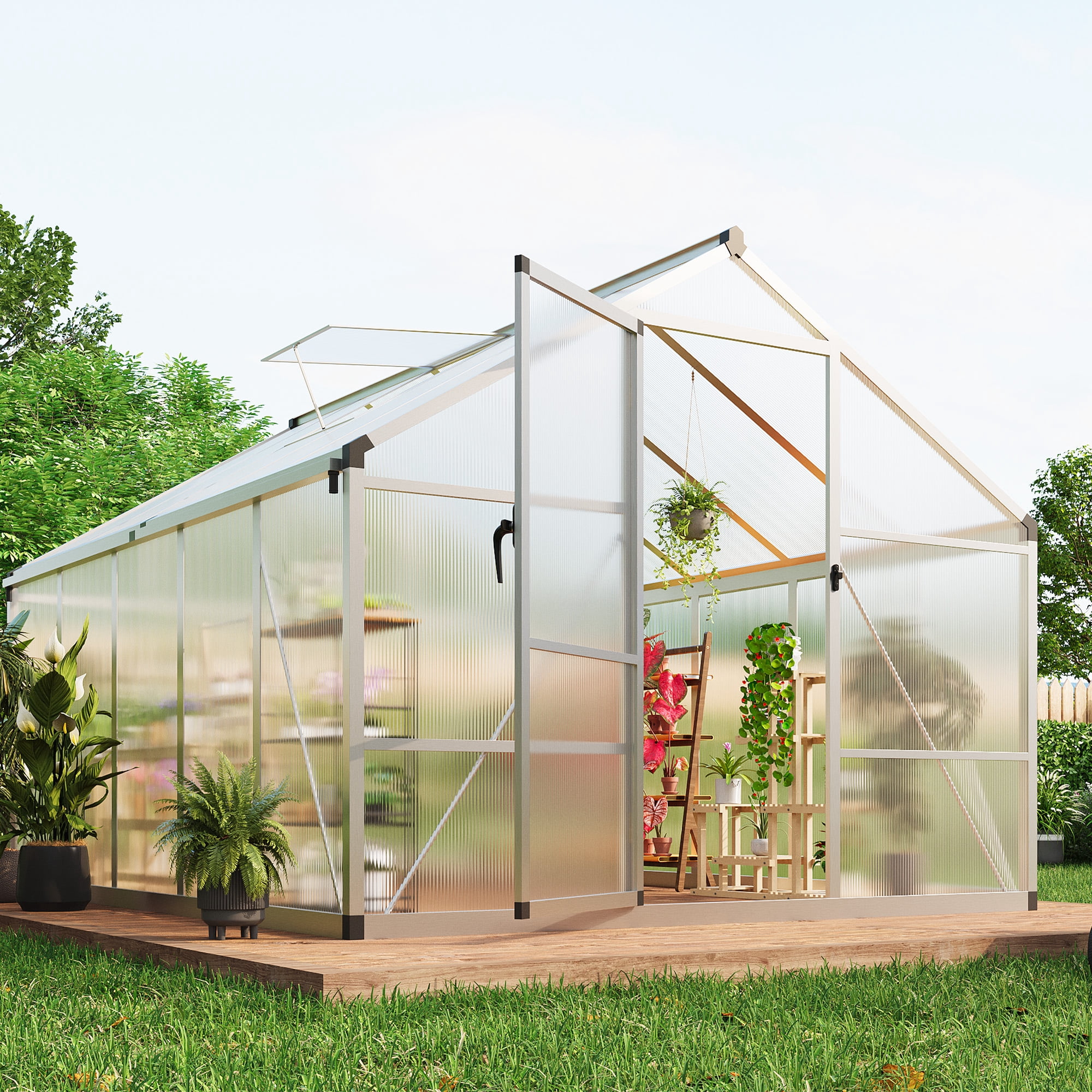8x12FT Walk-in Green Houses,Large Aluminum Greenhouses for Outdoors,Heavy Duty Polycarbonate Greenhouse with Roof Vent, Greenhouse for Winter Garden,Backyard,Patio,Lawn,Easy Assembly(ship in 2 boxes)