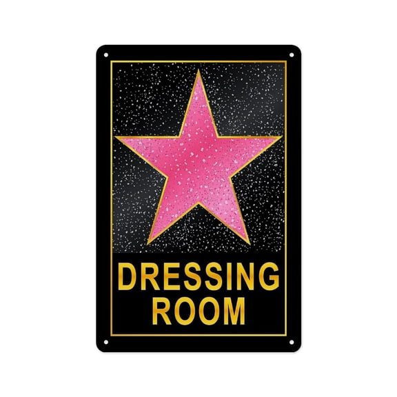 8x12in Dressing Room Hollywood Pink Star Vintage Metal Sign, Black Glitter Background Makeup Room Wall Decor, Glam Boutique Tin Plaque