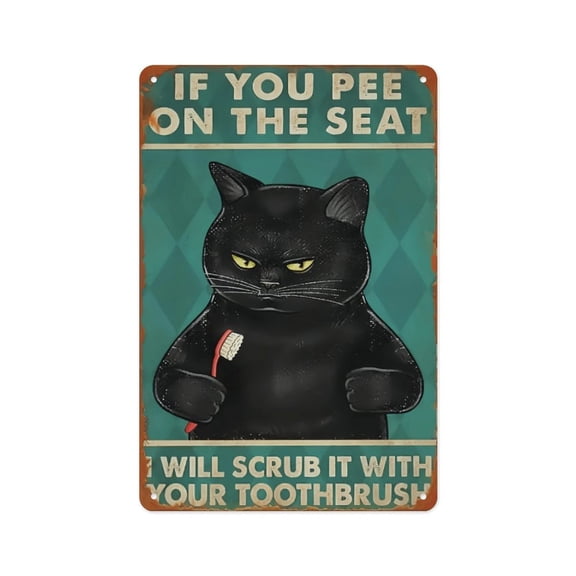 8x12in If You Pee On The Seat Funny Cat Metal Sign, Vintage Bathroom Humor Wall Decor, Grumpy Cat Toilet Front Door Plaque