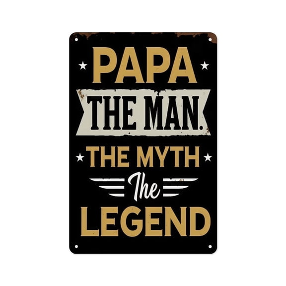 8x12in Papa The Man The Myth The Legend Vintage Metal Sign, Black Gold Star Wing Ribbon Typography Rustic Wall Decor, Papa Father Gift Garage Man Cave Tin Plaque