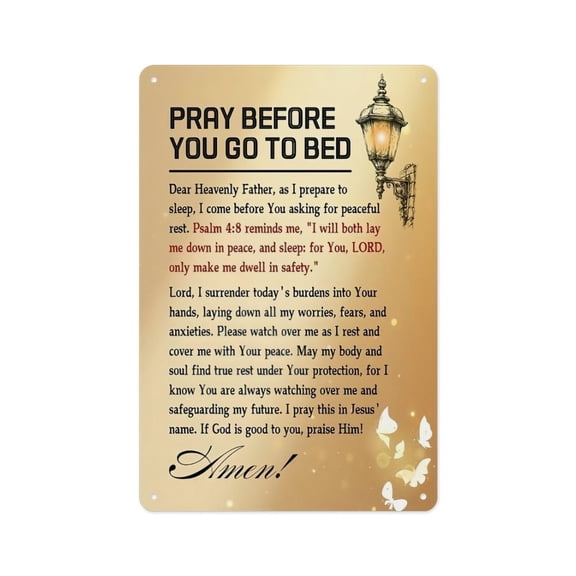 8x12in Pray Before You Go To Bed Psalm 4:8 Christian Metal Sign, Vintage Lamp Butterfly Religious Wall Decor, Night Prayer Faith Bedroom Plaque