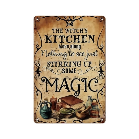 8x12in The Witch's Kitchen Stirring Up Magic Vintage Metal Sign, Witchcraft Pagan Kitchen Wall Decor, Gothic Halloween Cooking Front Door Plaque