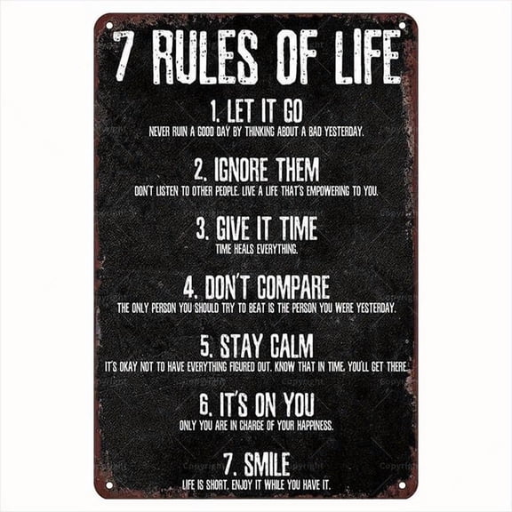 8x12inch Vintage Metal Tin Sign, 12" X 8", 7 Life Rules Vintage Tin Sign, Interesting Wall Art Interior Decoration, Home Metal Poster, Gift for Life Lovers