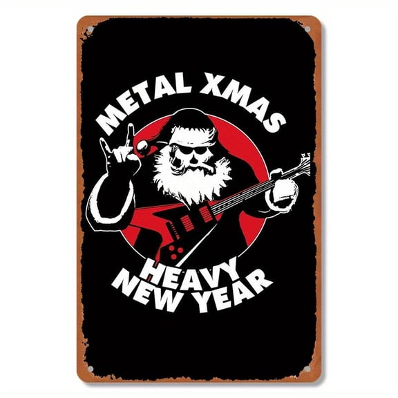 8x12inch Vintage Metal Tin Sign - 8x12 Inch - "Metal Xmas Heavy New Year" Santa Playing Electric Guitar - Durable, High-Quality Print for Home or Office Decor - Ideal Birthday Gift Wall Retro Holiday