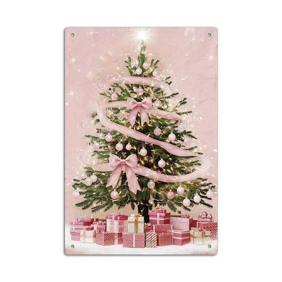 8x12inch Vintage Metal Tin Sign, Pink Christmas Tree & Gift Box Pattern Wall Art Decor, Wall Decor for Home Farmhouse Coffee Shop Cafe Living Room, Christmas Gift