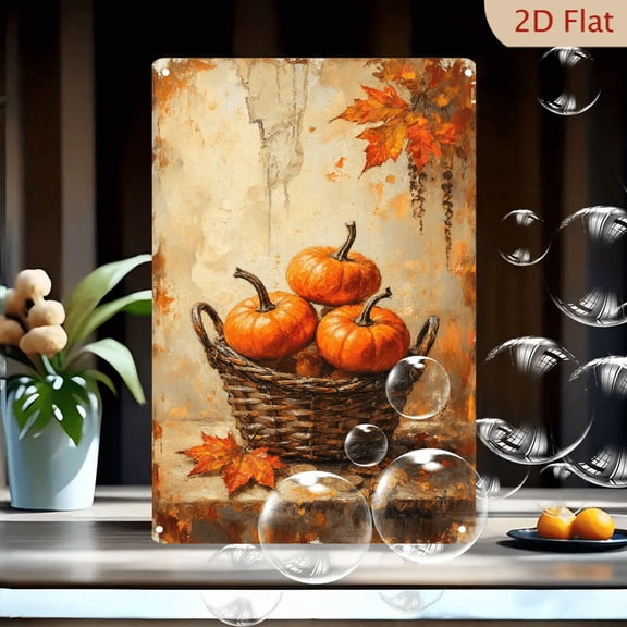 8x12inches Autumn Still Life Oil Painting on Metal Wall Art, Rustic Brown Basket with Orange Pumpkins, Red Maple Leaf and Copper Coins, Distressed Off-White Background, Farmhouse Decor for Home