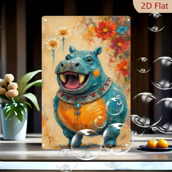 8x12inches Hippo Wall Art, Vibrant Turquoise and Orange Yellow Painterly Illustration with Decorative Collar and Floral Background, Whimsical Mixed-Media Metal Print for Home Decor