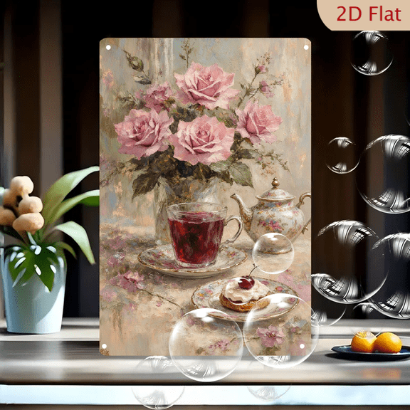 8x12inches Impressionist Tea Setting Metal Wall Art, Pink Roses in Glass Vase with Ornate Teapot and Cherry Pastry on Floral Saucer, Soft Blue Lavender Background, Romantic Serene Home Decor