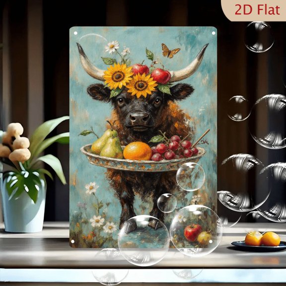 8x12inches Iron Wall Art, Impressionist Bull with Sunflower Crown Holding Fruit Platter in Flower Field, Blue-Green Background, Vintage Decorative Metal Sign for Home Office Kitchen