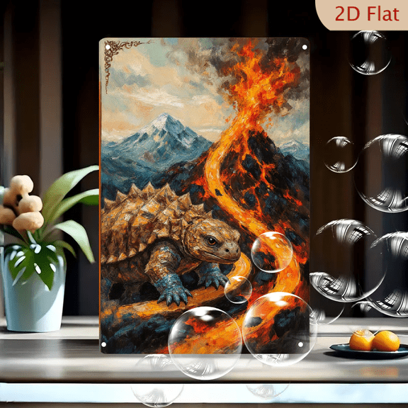 8x12inches Metal Wall Art, Vibrant Painterly Fantasy Illustration of Armored Reptile on Lava Path with Erupting Volcano and Snowy Mountains, Epic Otherworldly Adventure Decor for Home