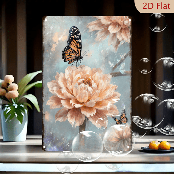 8x12inches Metal Wall Art, Vintage Botanical Peony Flower with Monarch Butterflies, Painterly Soft Pastel Dreamy Floral Print for Living Room Bedroom Decor