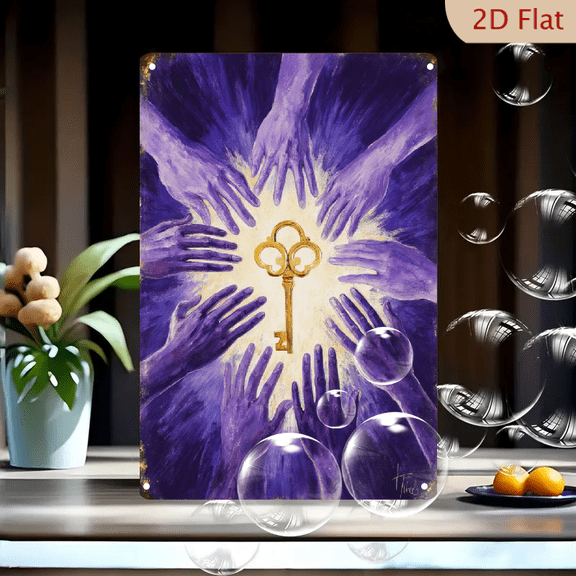 8x12inches Purple and Gold Abstract Art Canvas Wall Decor, Vibrant Painterly Hand Reaching for Glowing Golden Key with Royal Indigo Swirls, Spiritual Unity Metal Print for Living Room