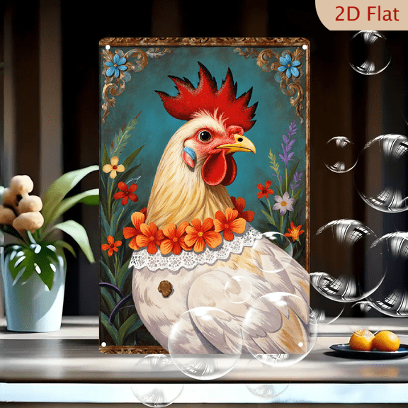 8x12inches Rooster Portrait Wall Art, Painterly Teal Background with Floral Collar and Gold Border, Vintage Chicken Metal Tin Sign for Kitchen Farmhouse Decor