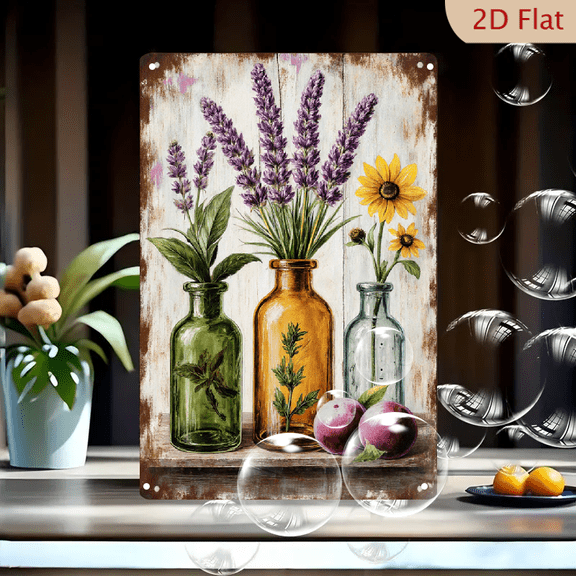 8x12inches Rustic Still Life Metal Wall Art, Vintage Shabby Chic Painting of Sage Lavender Sunflowers in Glass Bottles with Plums on Wood Background