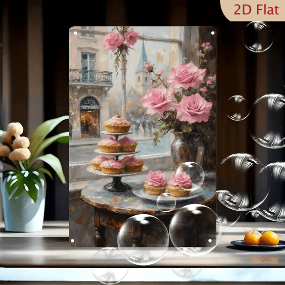 8x12inches Rustic Still Life Oil Painting Print, Pink Roses & Cupcakes on Wooden Table, European City View through Window, Impressionist Wall Art for Kitchen Dining Room Decor