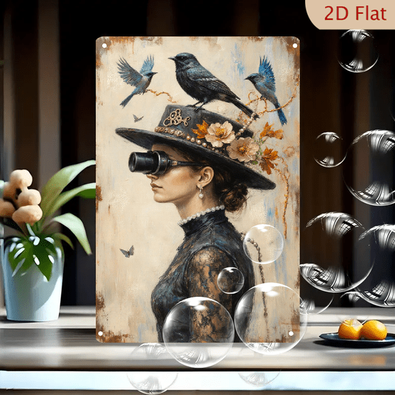 8x12inches Victorian Steampunk Woman with Opera Glasses and Birds on Hat, Abstract Painterly Wall Art Canvas Print for Living Room Decor