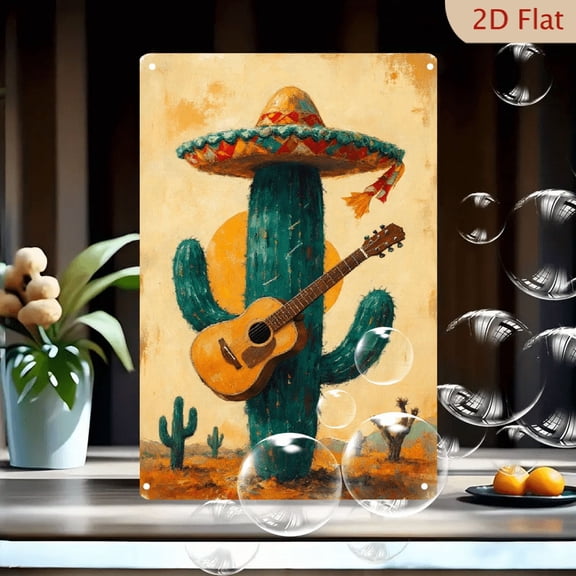 8x12inches Vintage Anthropomorphic Cactus Playing Guitar with Sombrero, Warm Desert Sunset Silhouette Art on Metal Wall Decor for Home Living Room