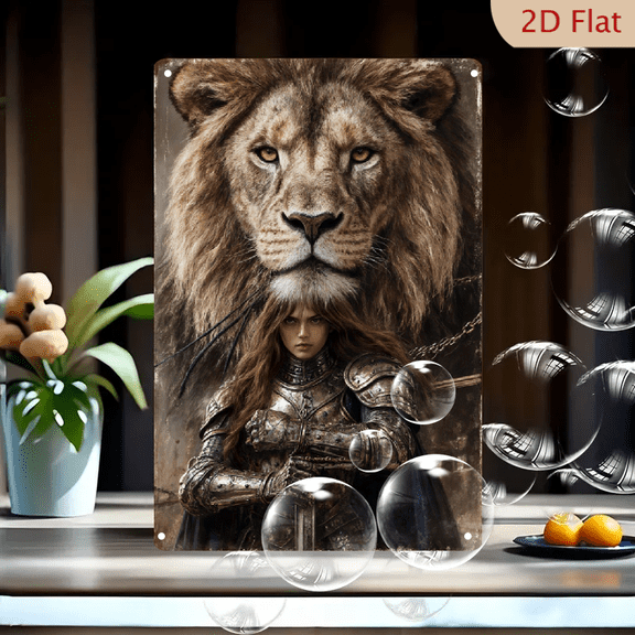 8x12inches Vintage Fantasy Metal Wall Art, Determined Female Knight in Ornate Plate Armor with Majestic Lion Head, Medieval Heraldry Style Epic Painting for Home Decor