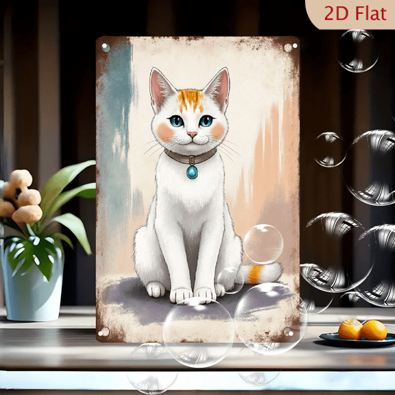 8x12inches Vintage Metal Wall Art, Adorable Fluffy White and Orange Cat with Turquoise Eyes, Elegant Teal Pendant Collar, Rustic Frame, Dreamy Painterly Background for Home Decor