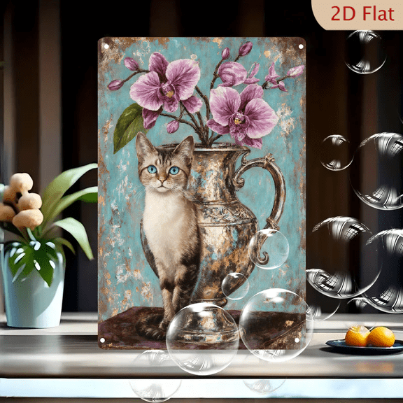 8x12inches Vintage Teal Tin Metal Wall Art Featuring Elegant Cat with Blue Eyes and Purple Orchids in Ornate Silver Vase, Rustic Distressed Painterly Style for Home Decor