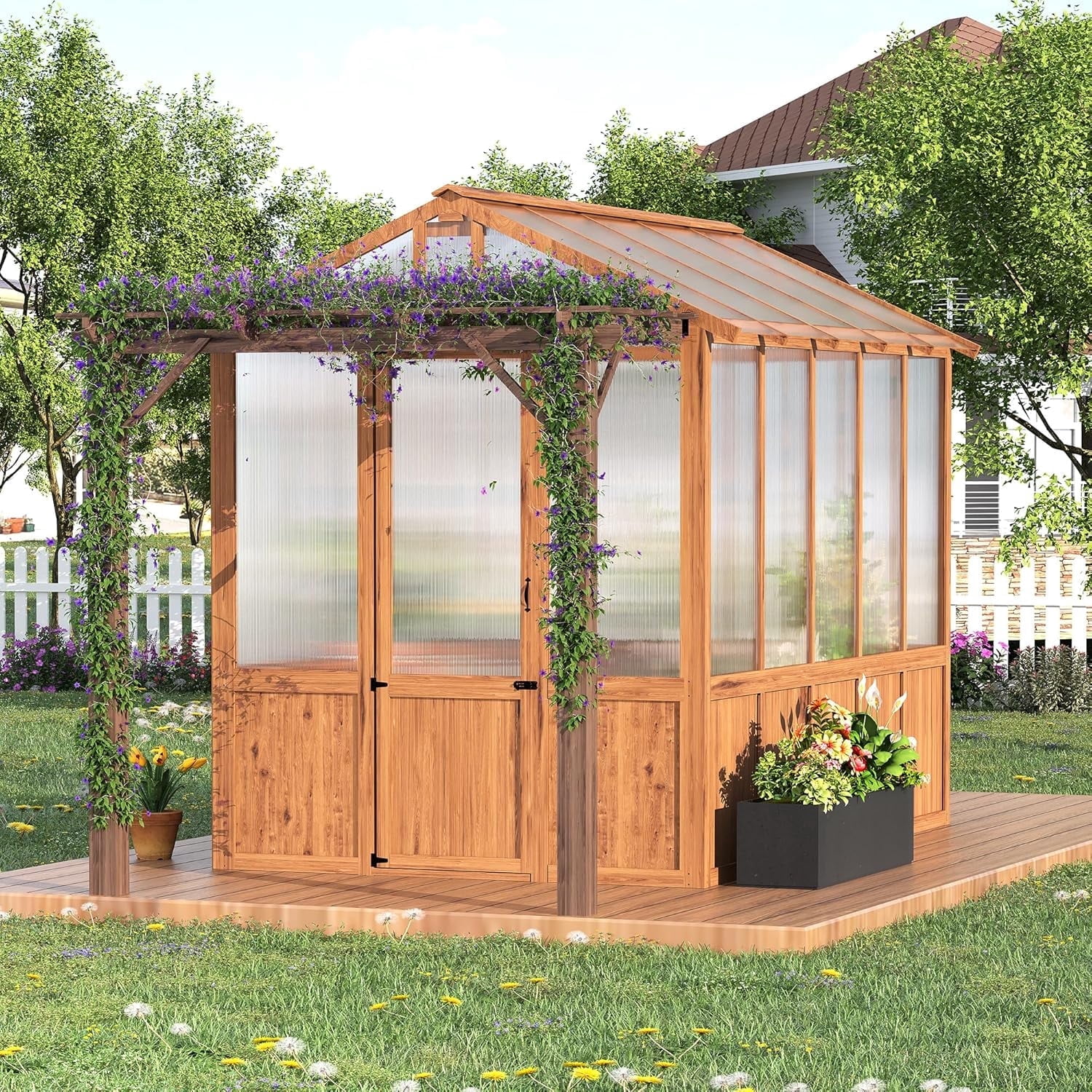 7x13 FT Walk-in Greenhouse with Pergola – Cedar Wood Frame, Clear