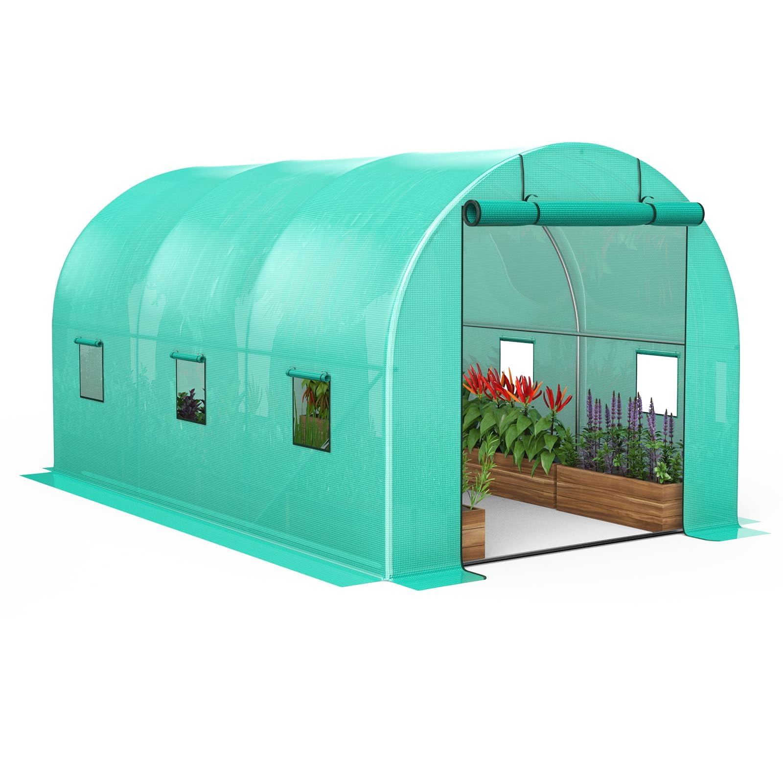 8x13x7FT Walk-in Greenhouse, Galvanized Steel Frame (19x0.6 Pipes) with 6 Mesh Windows & Full Zipper Door, Portable Tunnel Tent for Outdoor Use