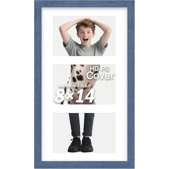 8x14 Collage Picture Frame, Displays 3 Photos in 4x6 Size, Wooden Multi-Opening Frame with PS Front for Wall & Tabletop Display - Blue
