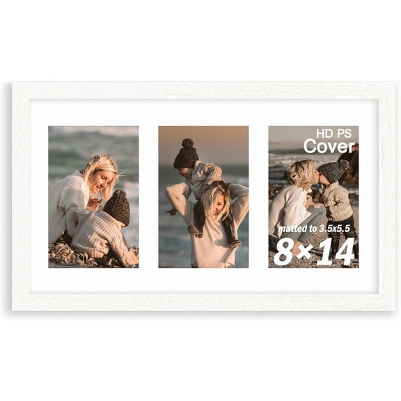 8x14 Collage Picture Frame, Displays 3 Photos in 4x6 Size, Wooden Multi-Opening Frame with PS Front for Wall & Tabletop Display - White