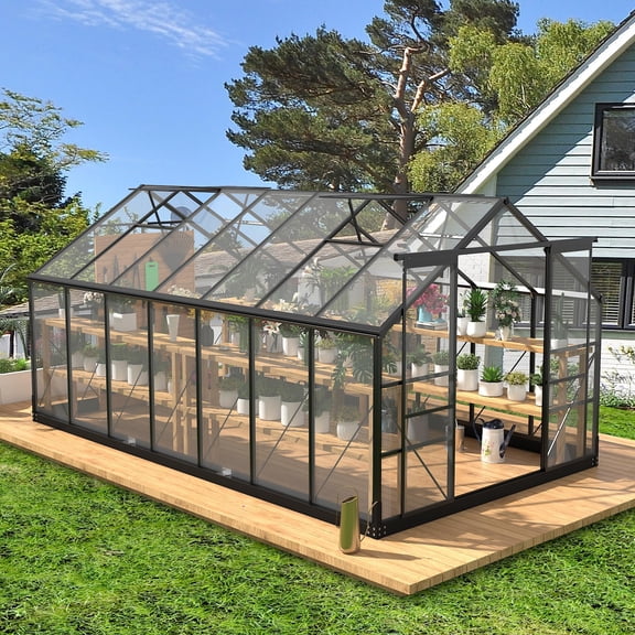 8x14 FT Greenhouse Outdoor, Akaber Walk-in Garden Greenhouse with Polycarbonate Panels, Aluminum Frame Windproof Greenhouses for Outside