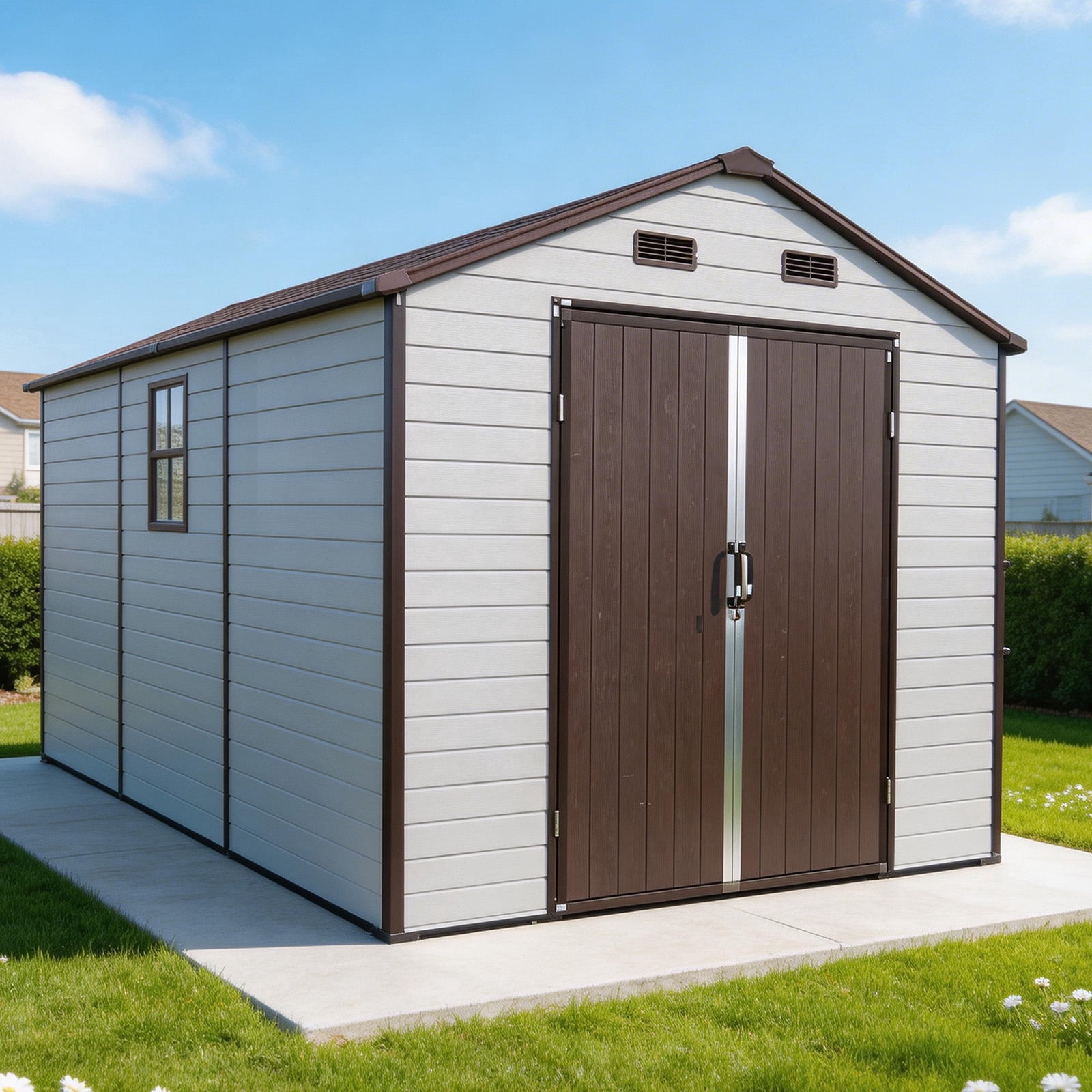 8x14 FT Resin Storage Shed with Floor, Lockable Outdoor Storage Shed with Ventilation Windows, Aluminum Frame Garden Tool Storage for Backyard Patio Lawn, All-Weather Use Brown White
