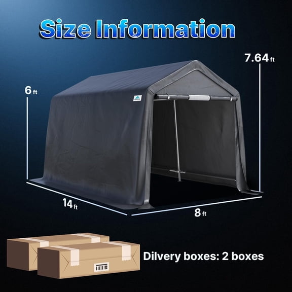 8x14 ft Steel Metal Roof Portable Garage Shelter Storage Shed Carport for Motorcycle, Bike or Garden Tools with 2 Roll & Vents, Gray