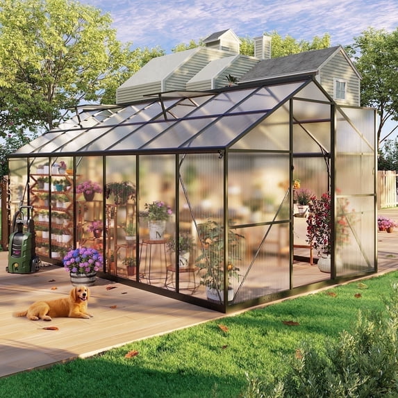 Sylviera 8x14ft Outdoor Walk-in Greenhouse, Heavy-Duty Polycarbonate Greenhouse with Reinforced Aluminum Frame for Garden, Backyard, and Winter Planting