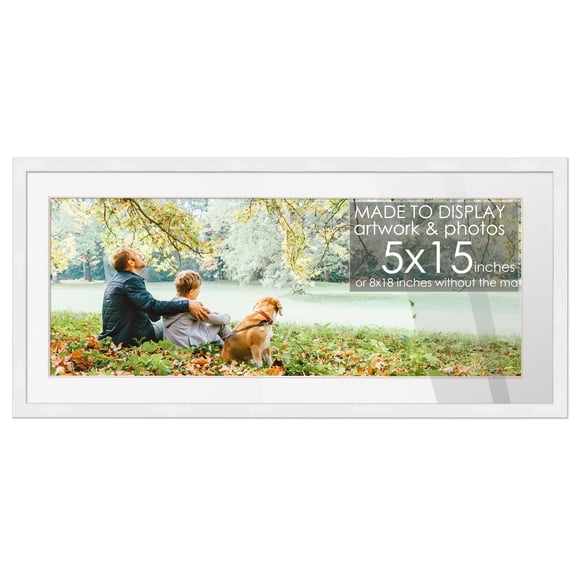 8x18 White Picture Frame with 4.5x14.5 White Mat Opening for 5x15 In Image, 0.75 Inch Border, UV