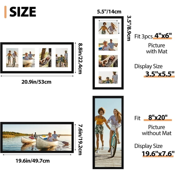 8x20 Collage Picture Frame with Four Openings for 4x6 Photos, Multi Photo Gallery Wall Frame, Decorative Wall Hanging Frame