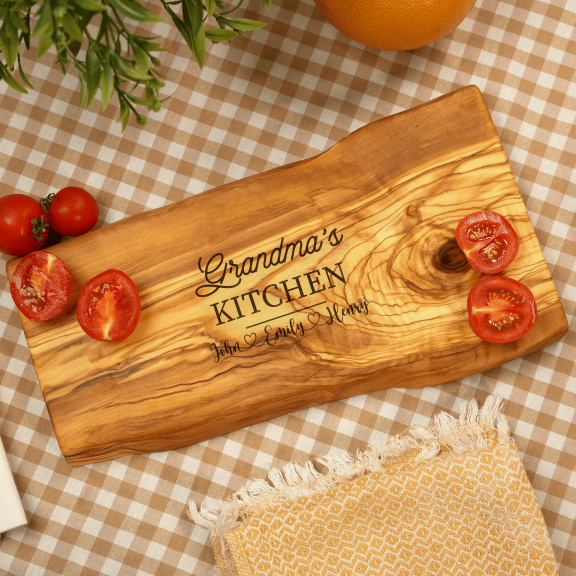 8x20 Personalized Olive Wood Cutting Board, Custom Engraved Charcuterie Board, Rustic Live Edge Serving Board